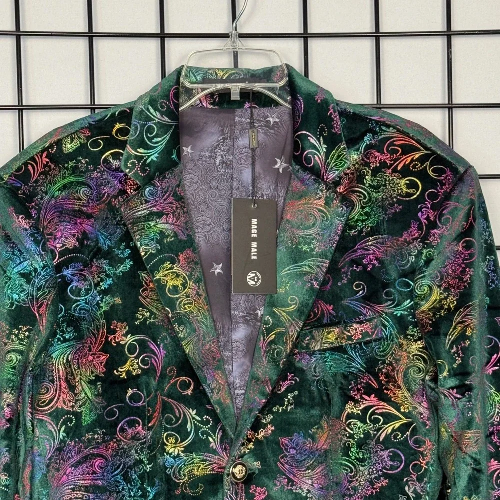 Mage Male Blazer Mens Small Green Multi Velvet Holographic Paisley Dinner Jacket